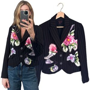 Vintage Simon Chang Pinstripe Floral Embroidered Painted Patchwork Blazer Jacket